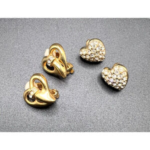 Lot 2 Prs Vintage 1980s Rhinestone Crystal HEART Brass Plated Clip-on Earrings